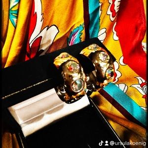 Estate sale Earrings, Gold and crystal studded statement hoops, hinged clips